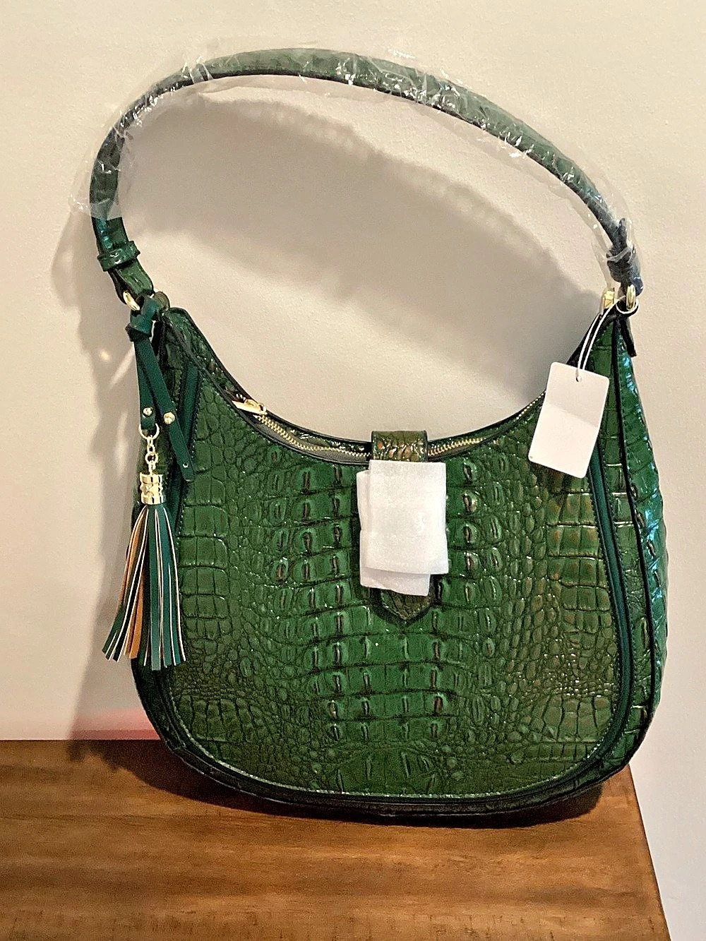 Green Crocodile-Embossed Shoulder Bag NWT